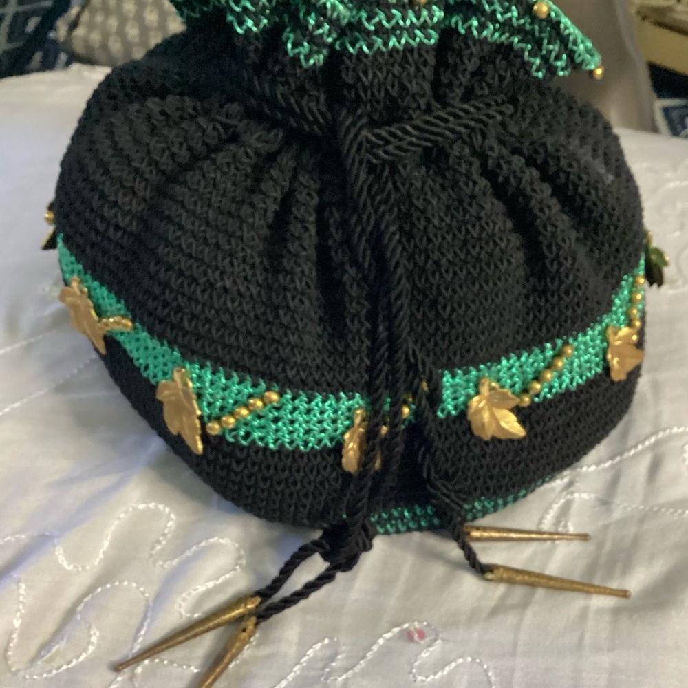 Vintage Chic Black and Green Knit Bag with Gold Detail